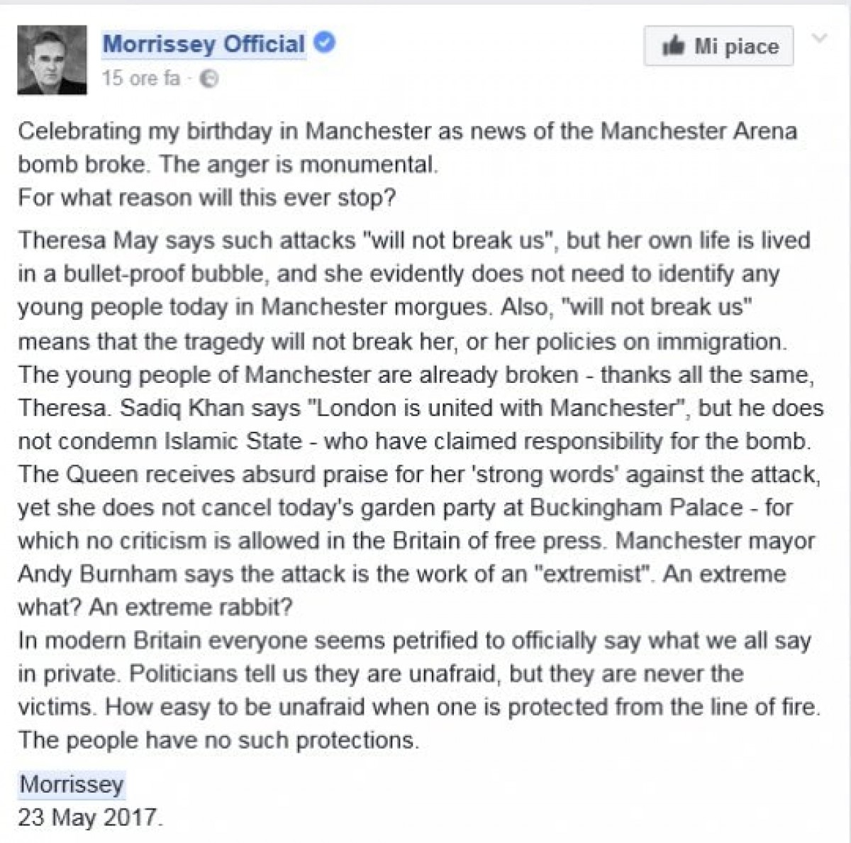 Repubblica.it: Morrissey attacca i politici dopo Manchester